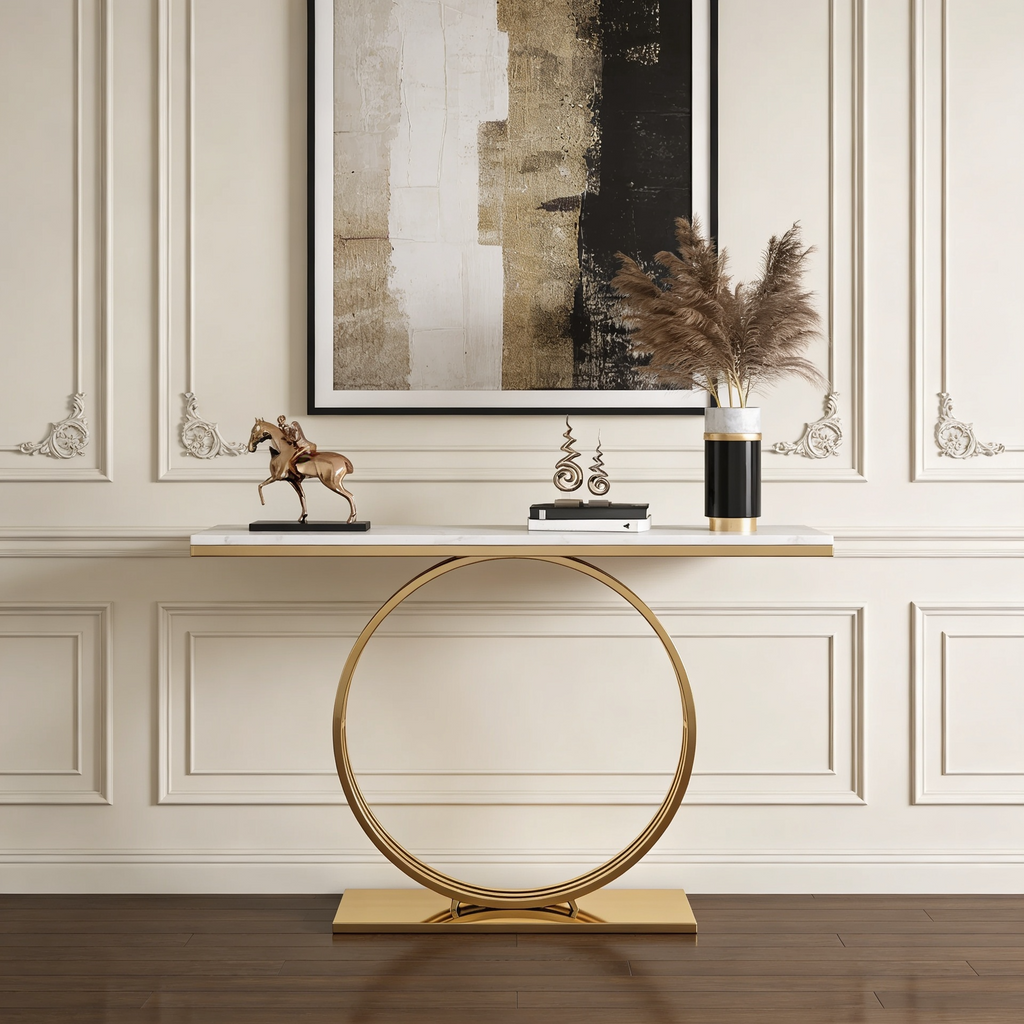 Sophisticated Black Marble Console Table with Gold Circular Base