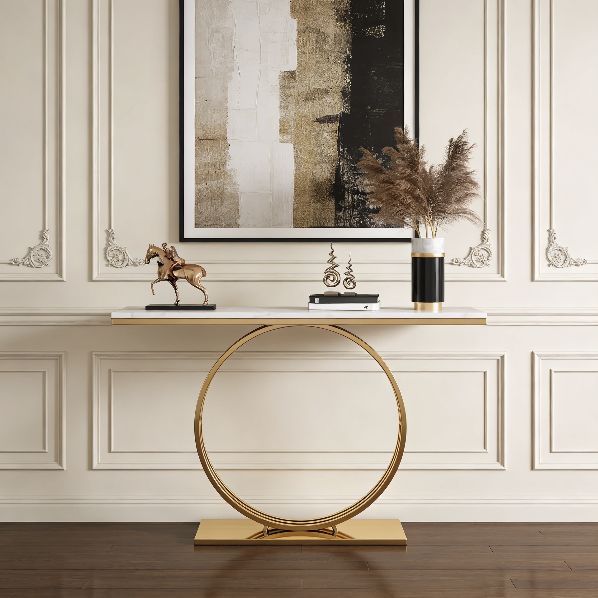 Sophisticated Black Marble Console Table with Gold Circular Base