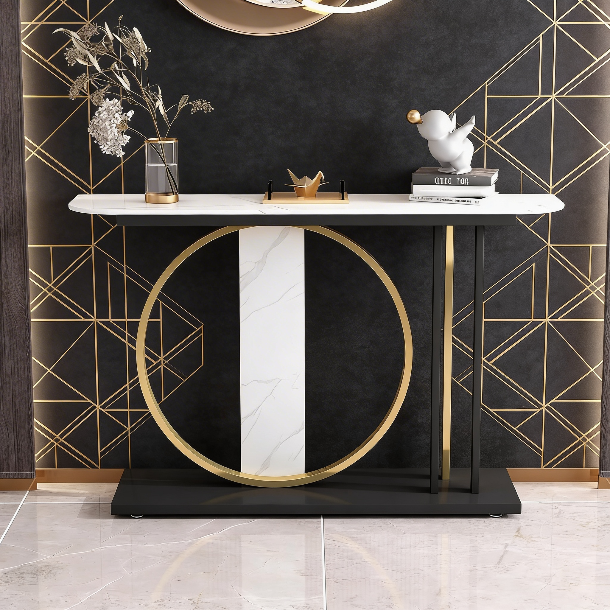 Modern Minimalist Console with Gold Ring and Marble Panel