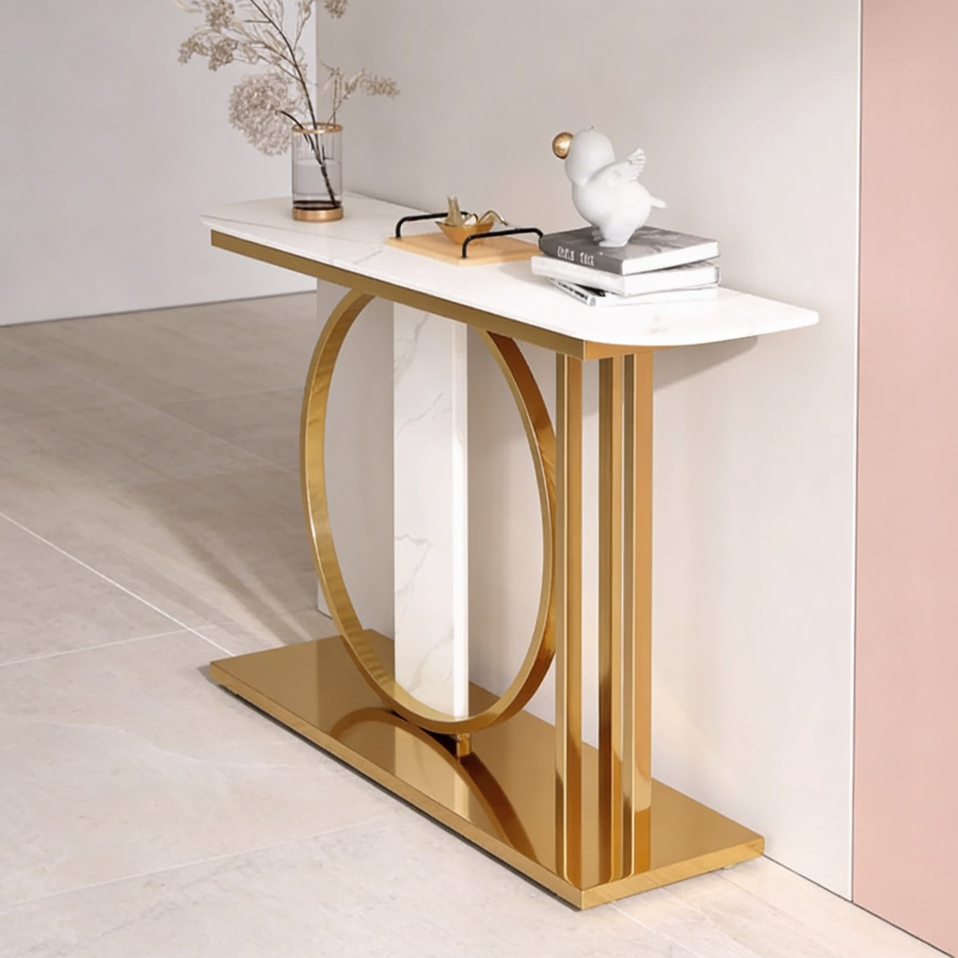 Modern Minimalist Console with Gold Ring and Marble Panel