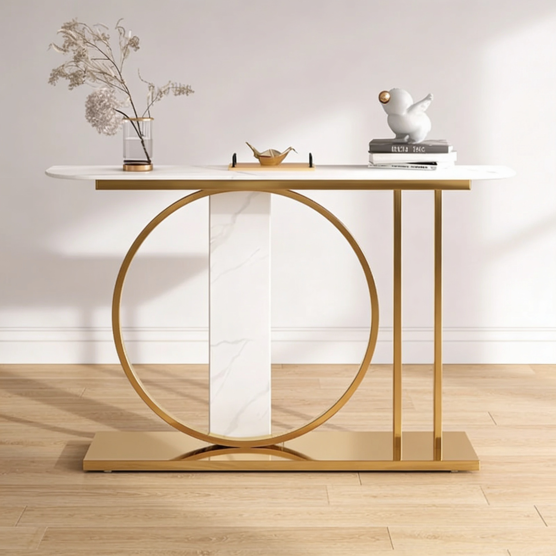Modern Minimalist Console with Gold Ring and Marble Panel