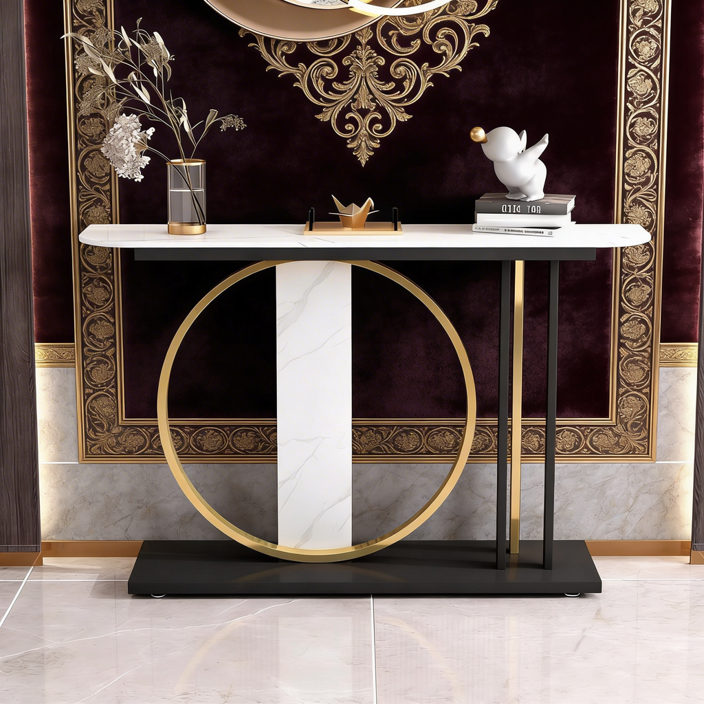Modern Black Console Table with Gold Ring and Marble Panel