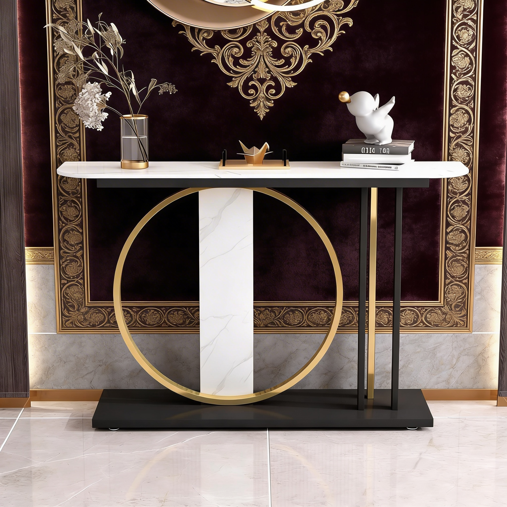 Modern Black Console Table with Gold Ring and Marble Panel