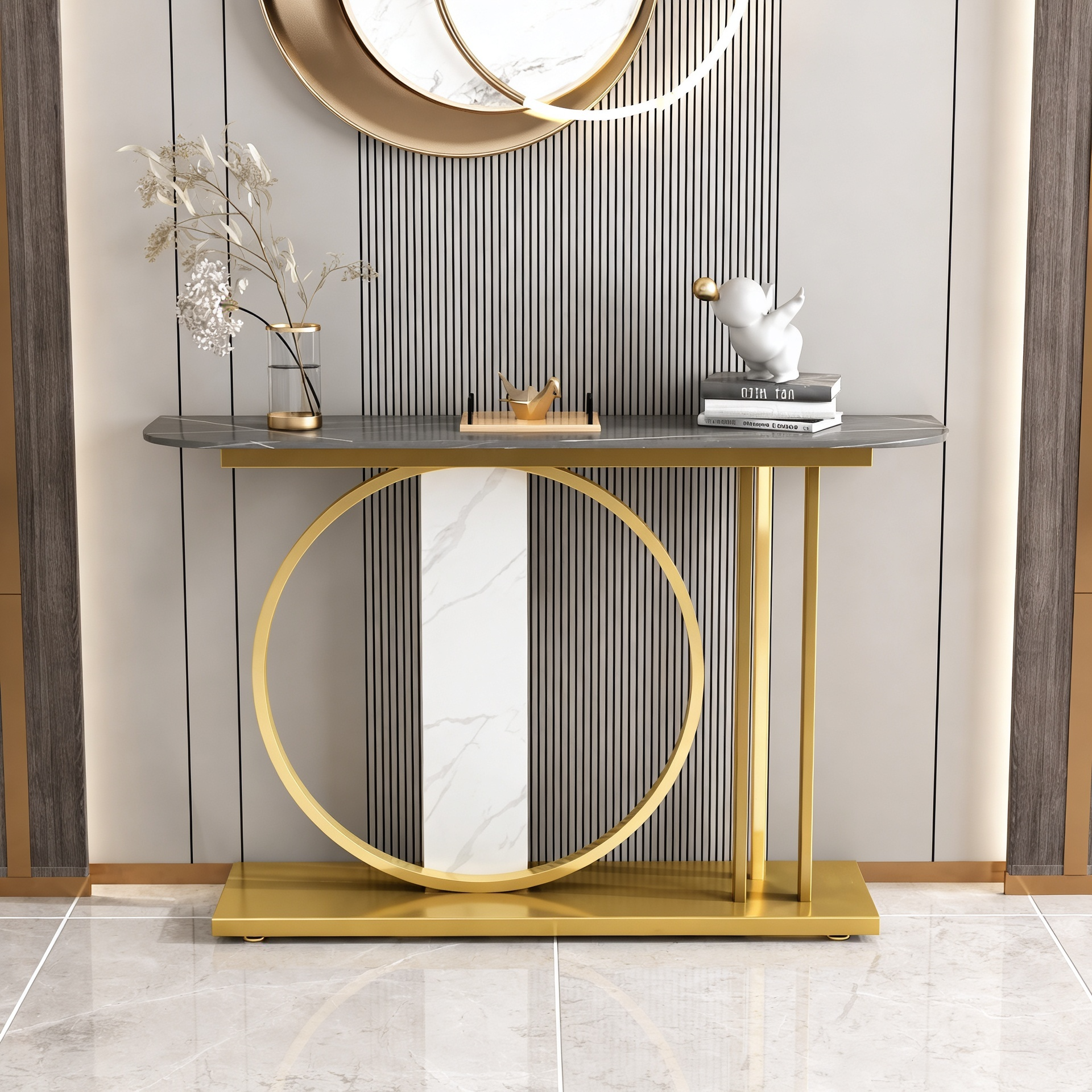 Modern Black Console Table with Gold Ring and Marble Panel