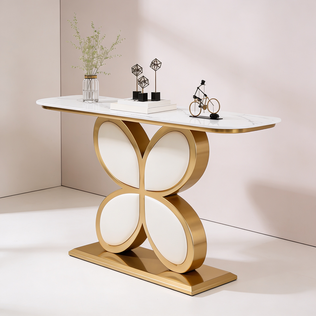 Luxury Console Table Featuring Gold Floral Flower Design & Marble Top