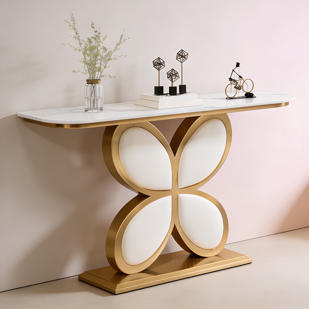 Luxury Console Table Featuring Gold Floral Flower Design & Marble Top