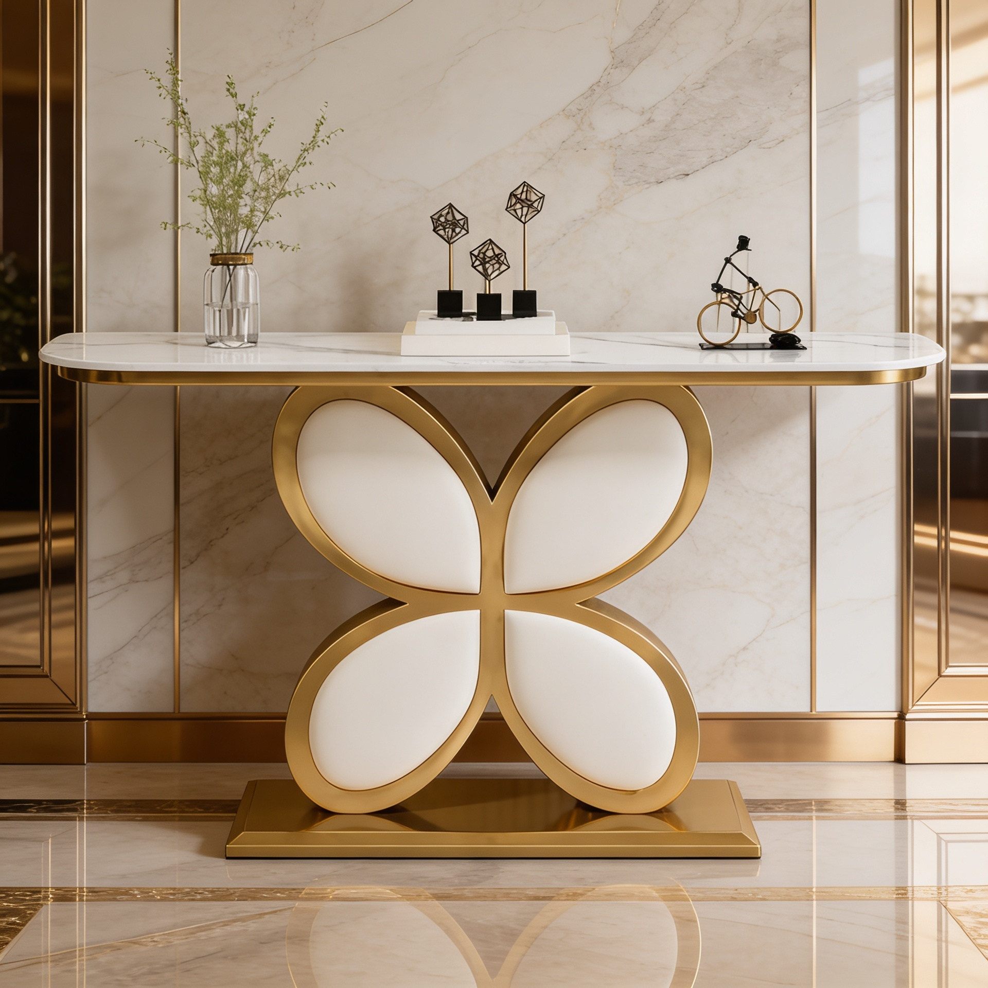 Luxury Console Table Featuring Gold Floral Flower Design & Marble Top