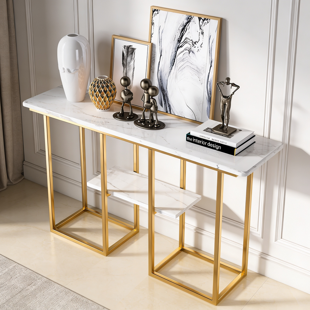 Sophisticated Console Table with Golden Frame and Marble Surface