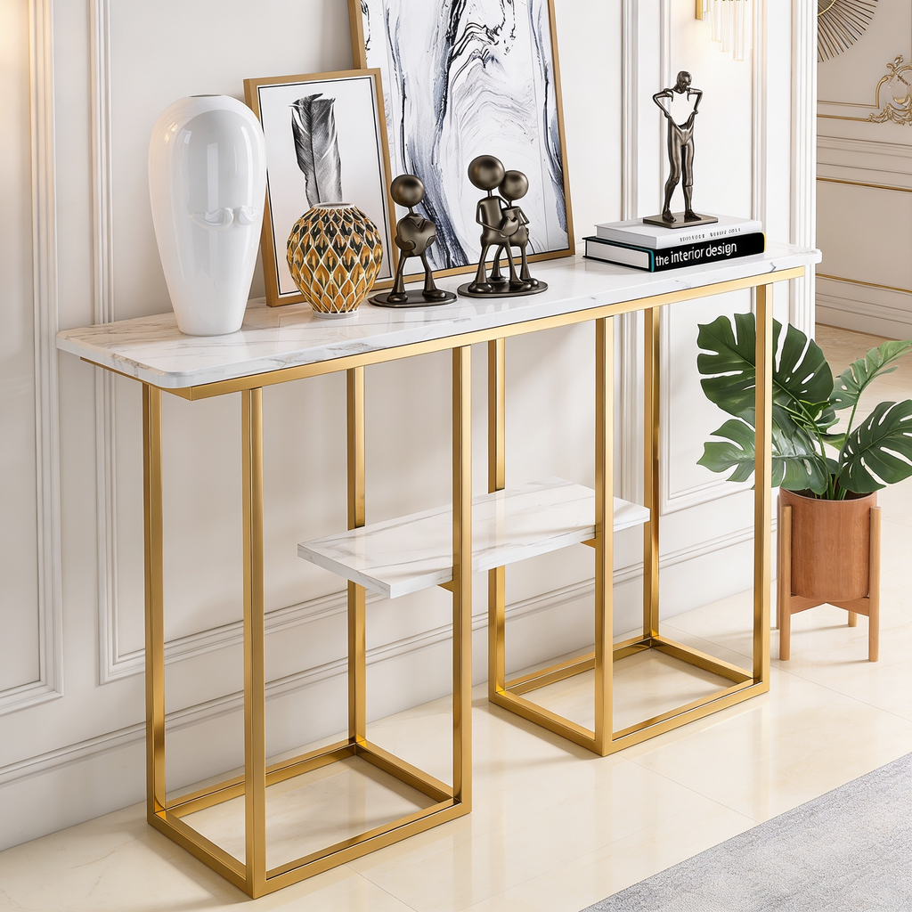 Sophisticated Console Table with Golden Frame and Marble Surface