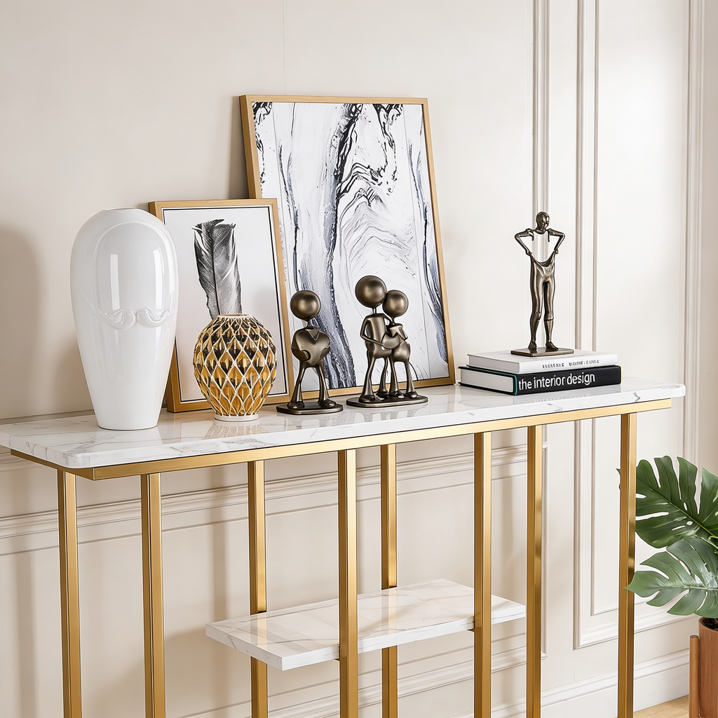 Sophisticated Console Table with Golden Frame and Marble Surface
