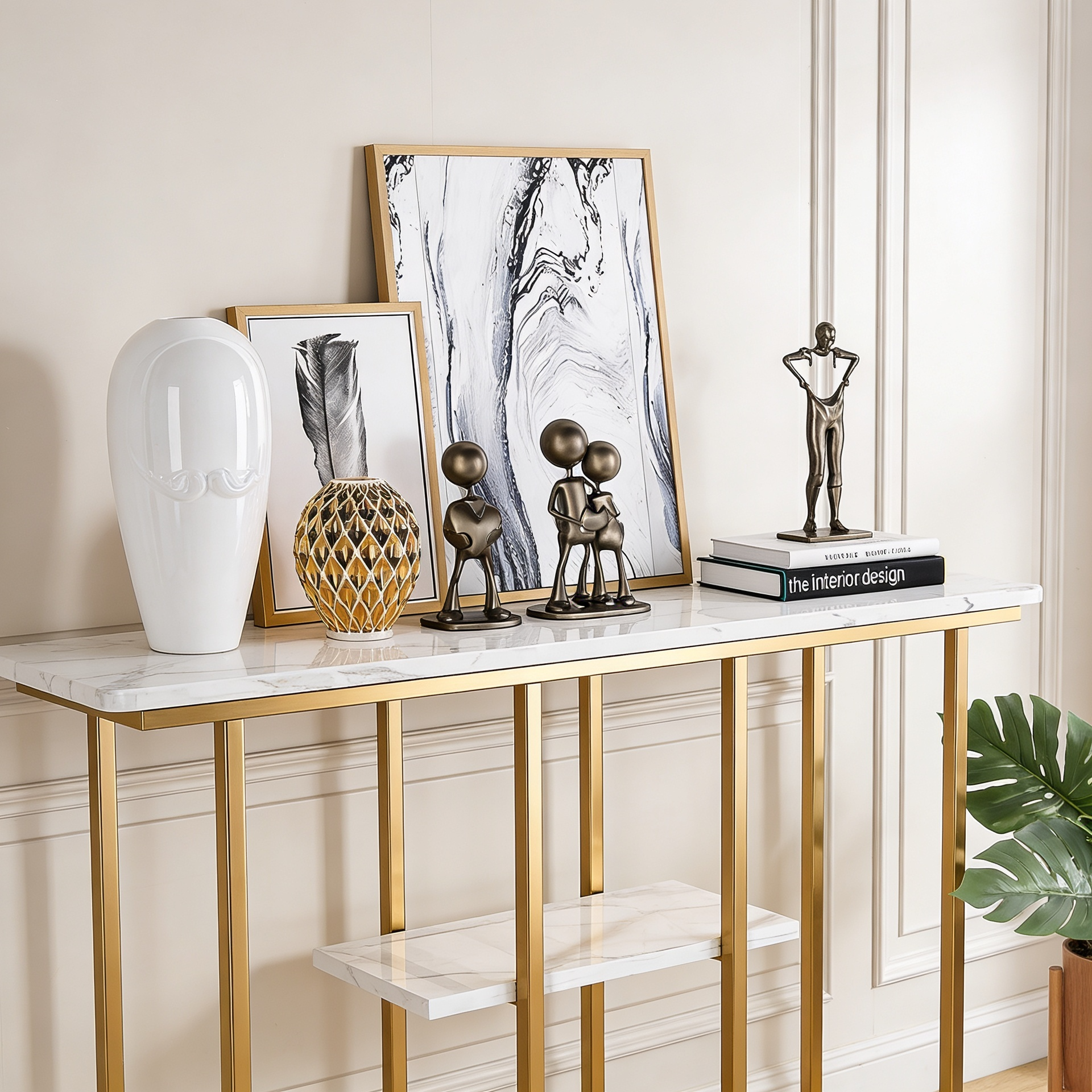 Sophisticated Console Table with Golden Frame and Marble Surface