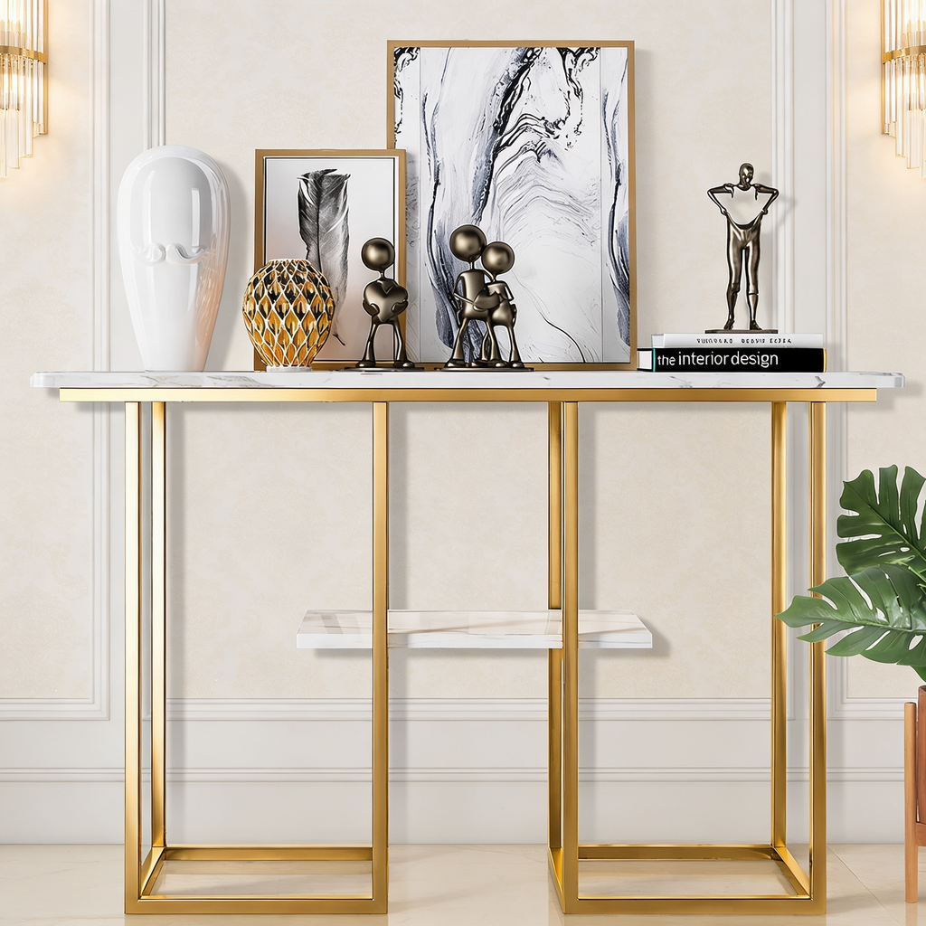 Sophisticated Console Table with Golden Frame and Marble Surface