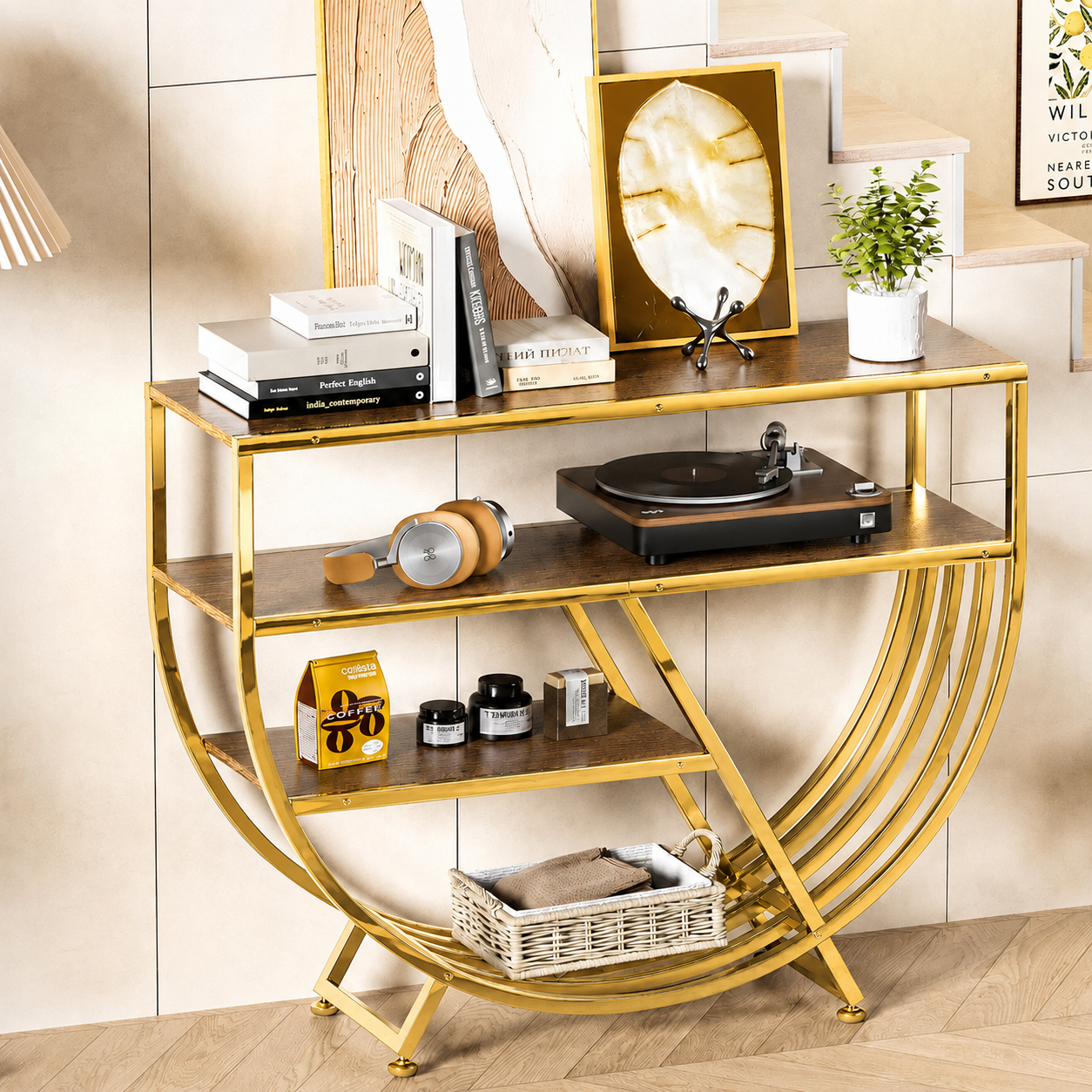 Unique Geometric Console Table with 3-Tier Wooden Shelves