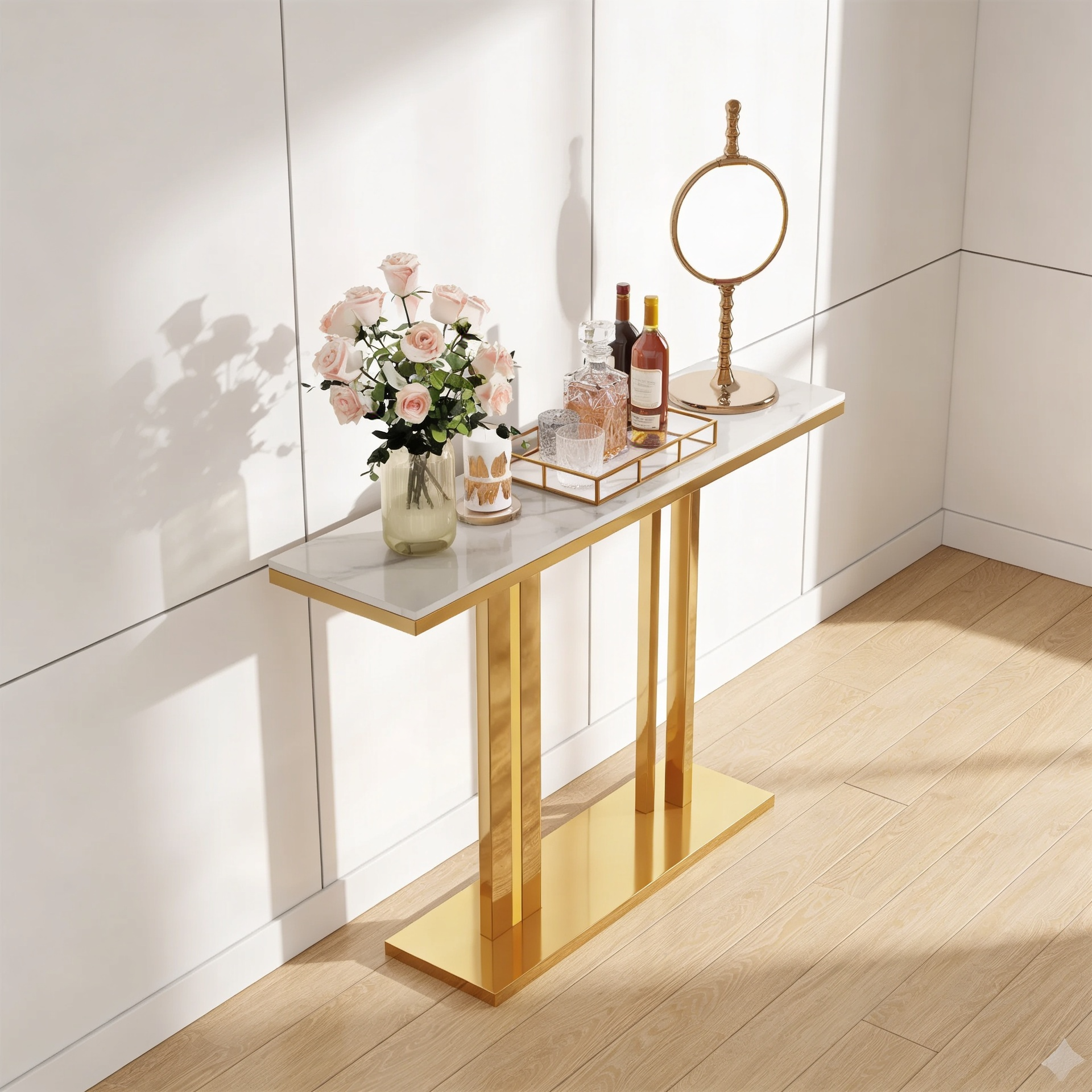 Modern Gold Stainless Steel Console Table with White Marble Top