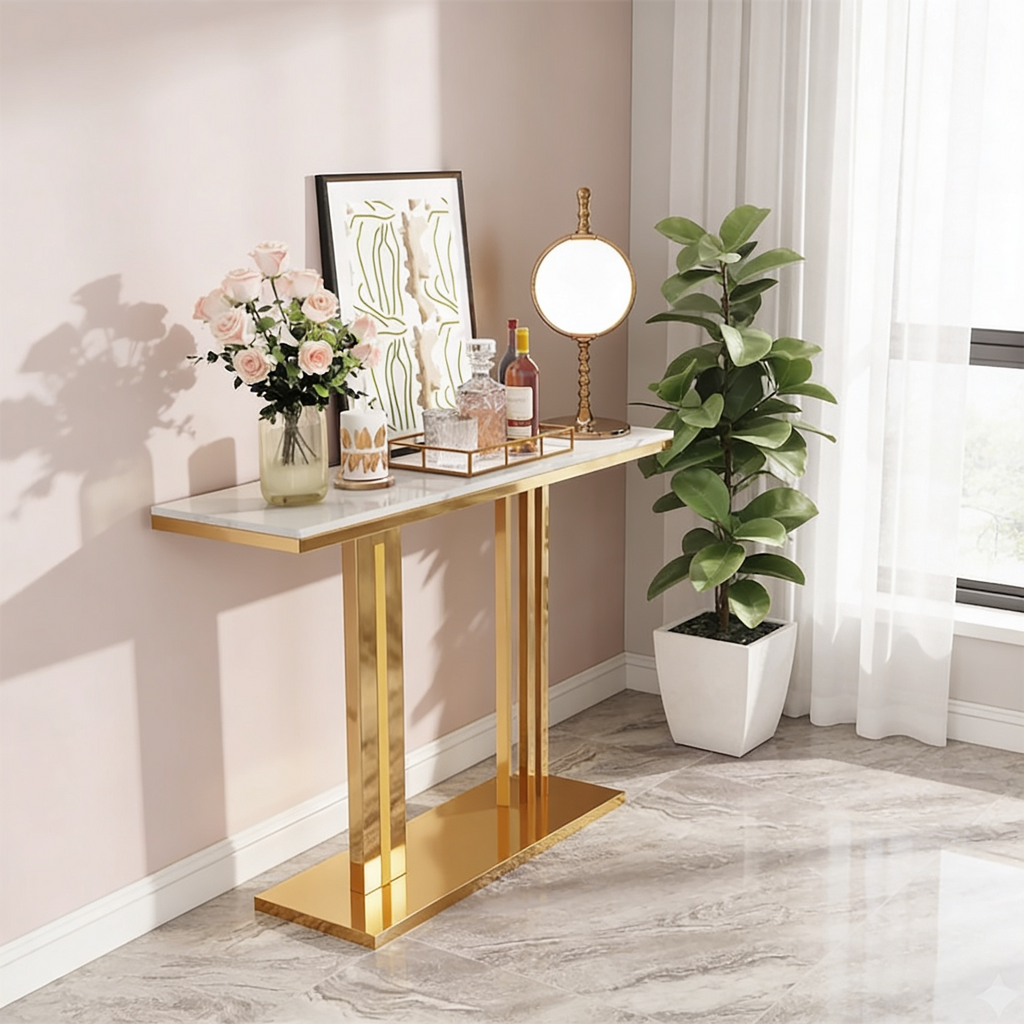 Modern Gold Stainless Steel Console Table with White Marble Top