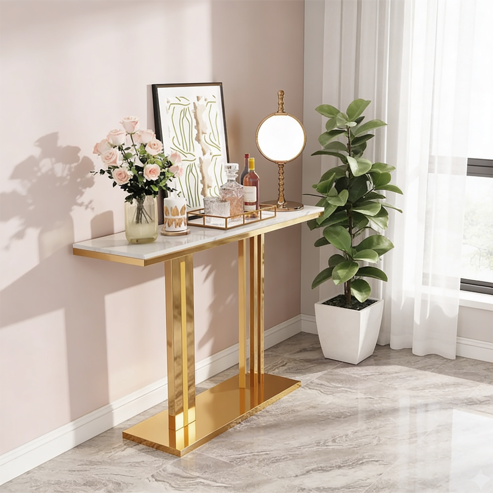 Modern Gold Stainless Steel Console Table with White Marble Top