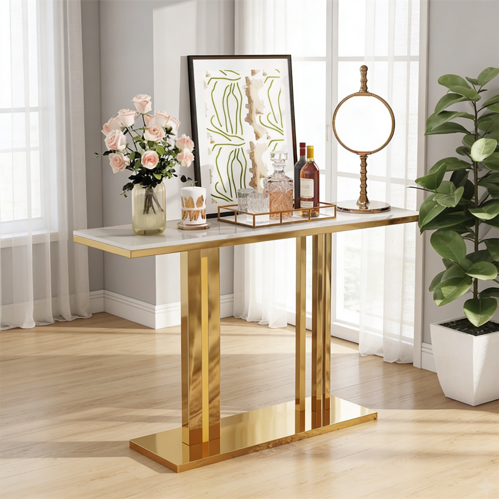 Modern Gold Stainless Steel Console Table with White Marble Top