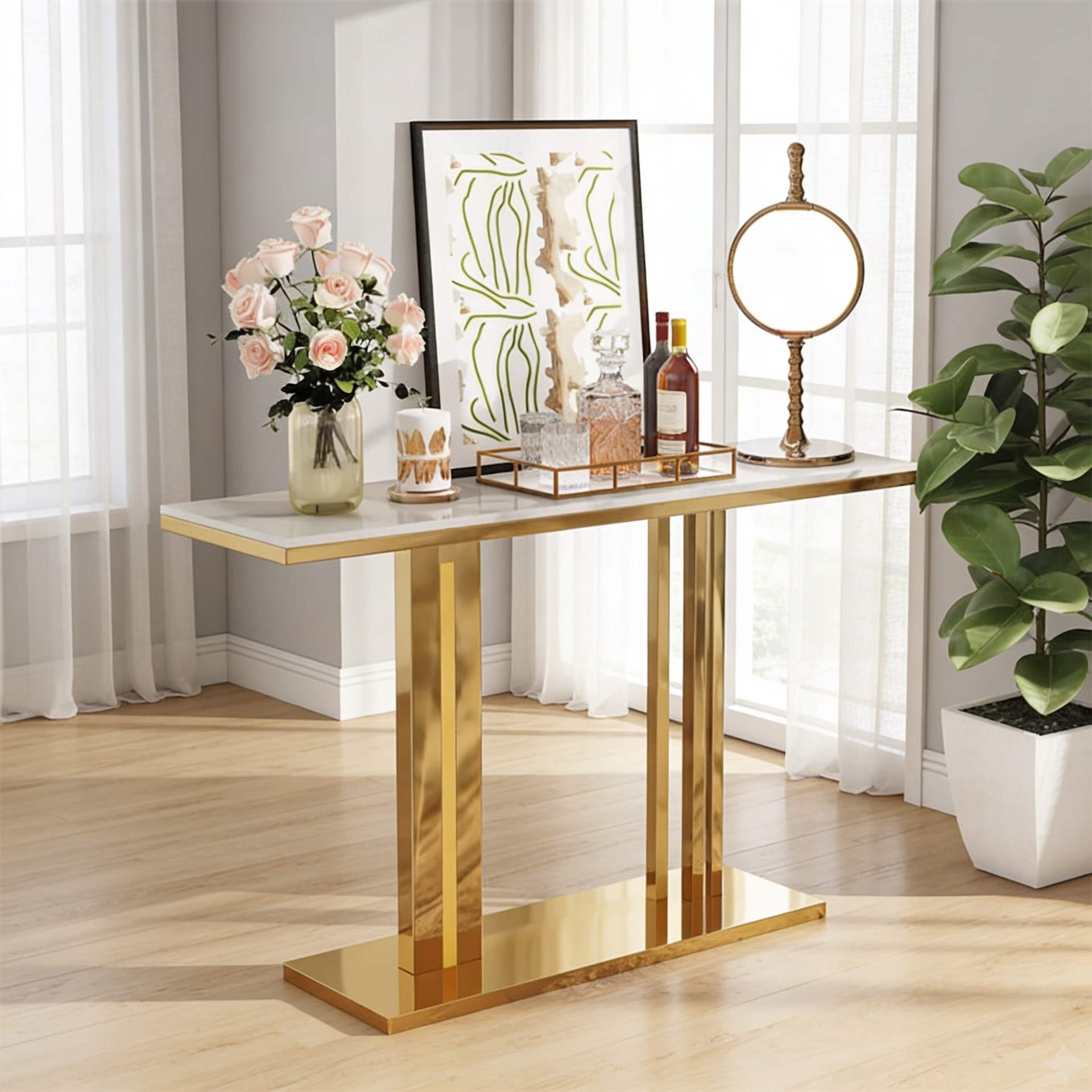 Modern Gold Stainless Steel Console Table with White Marble Top