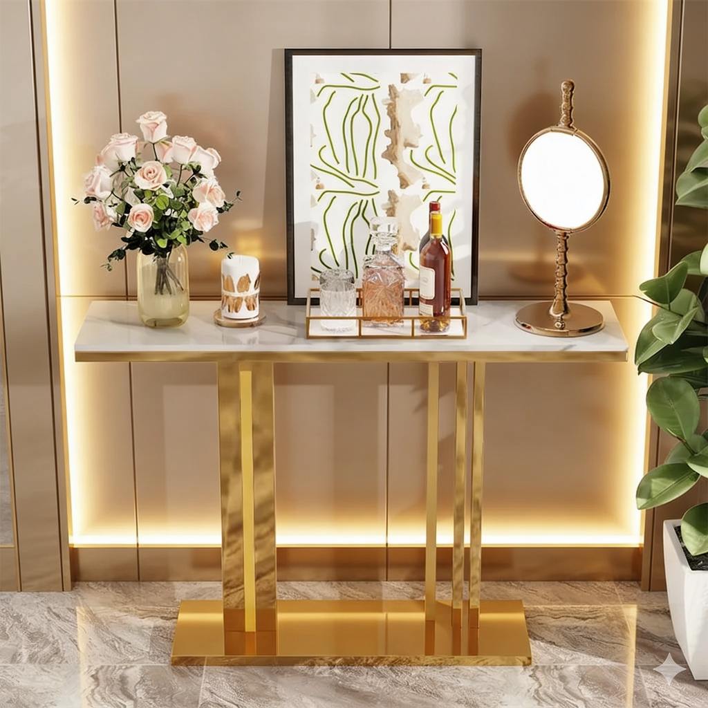 Modern Gold Stainless Steel Console Table with White Marble Top