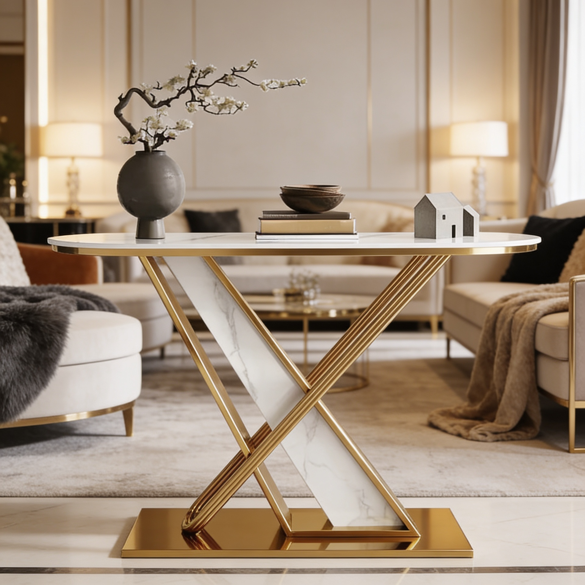 Premium Marble Console Table Featuring Elegant Gold Detailing