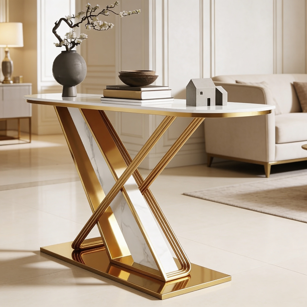 Premium Marble Console Table Featuring Elegant Gold Detailing