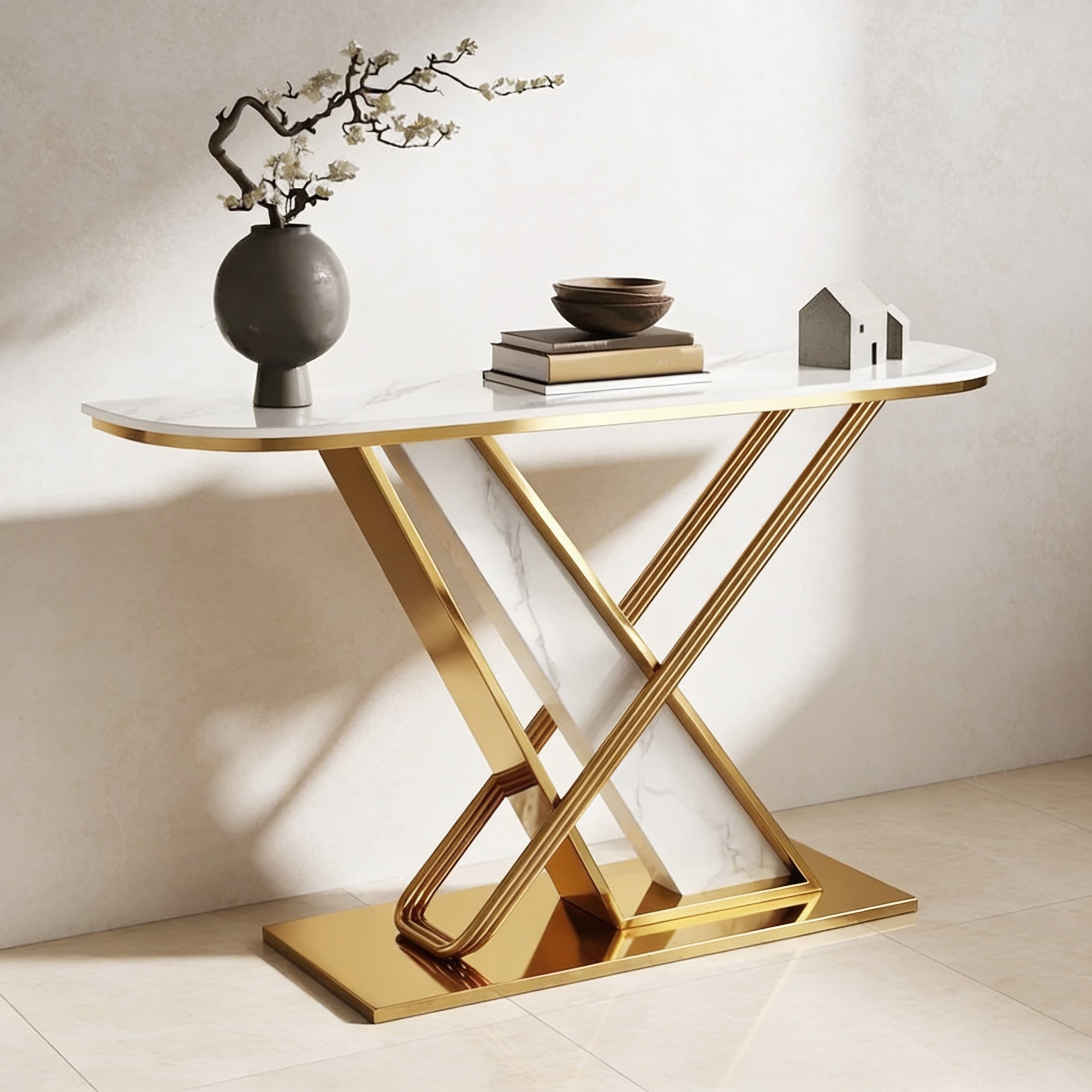 Premium Marble Console Table Featuring Elegant Gold Detailing