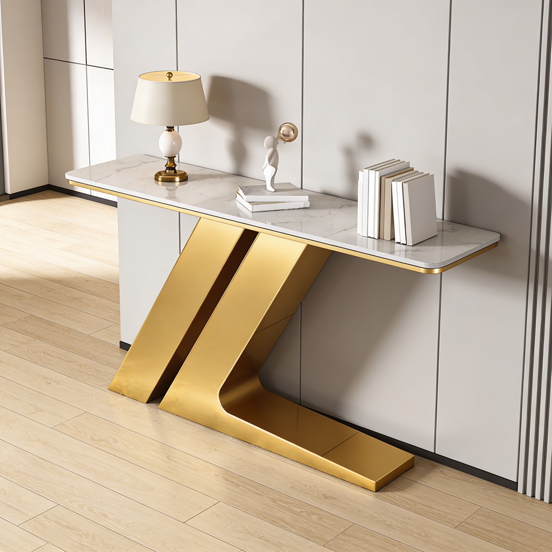 Elegant Marble Console Table with Unique Gold Geometric Base