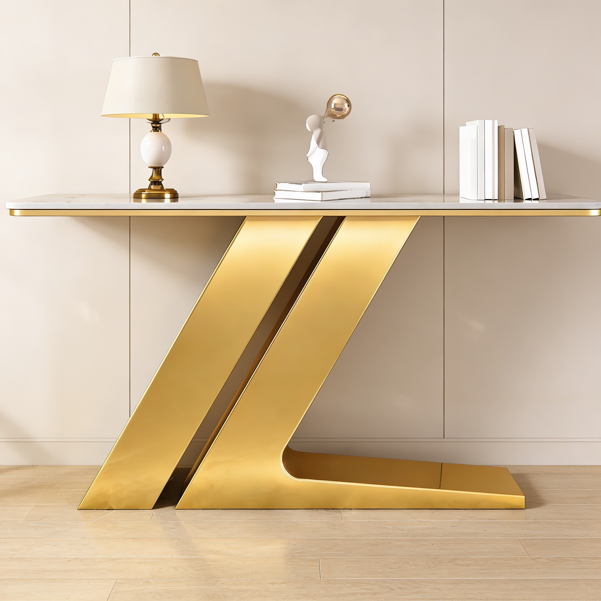 Elegant Marble Console Table with Unique Gold Geometric Base