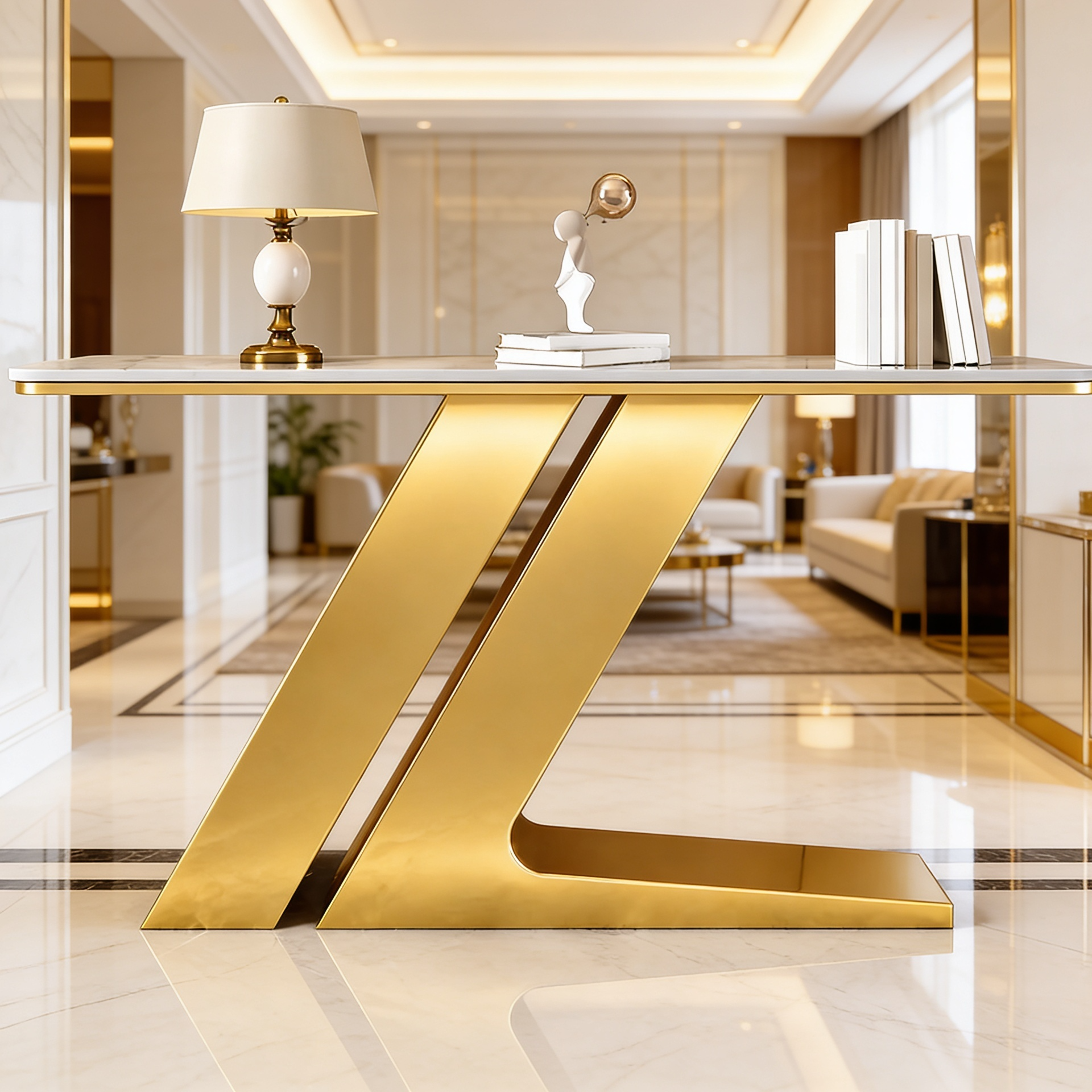 Elegant Marble Console Table with Unique Gold Geometric Base