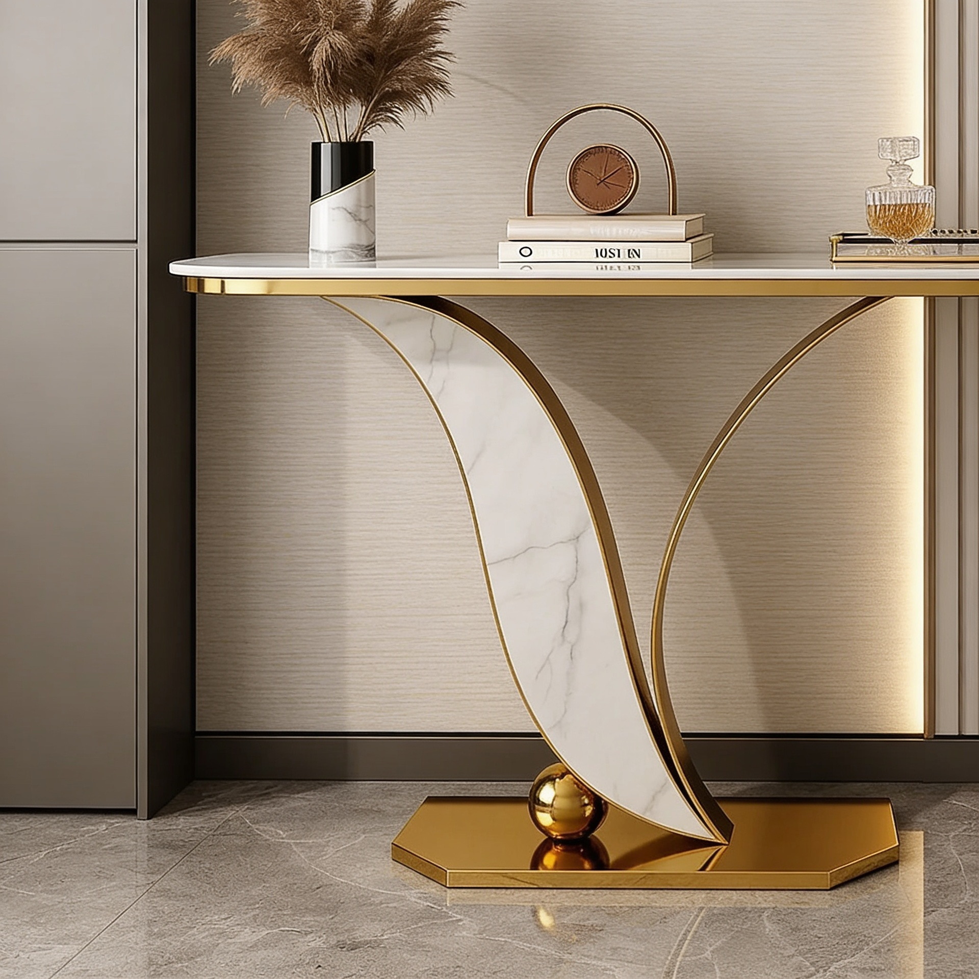 Sleek Marble Console Table with Unique Curved Gold Legs