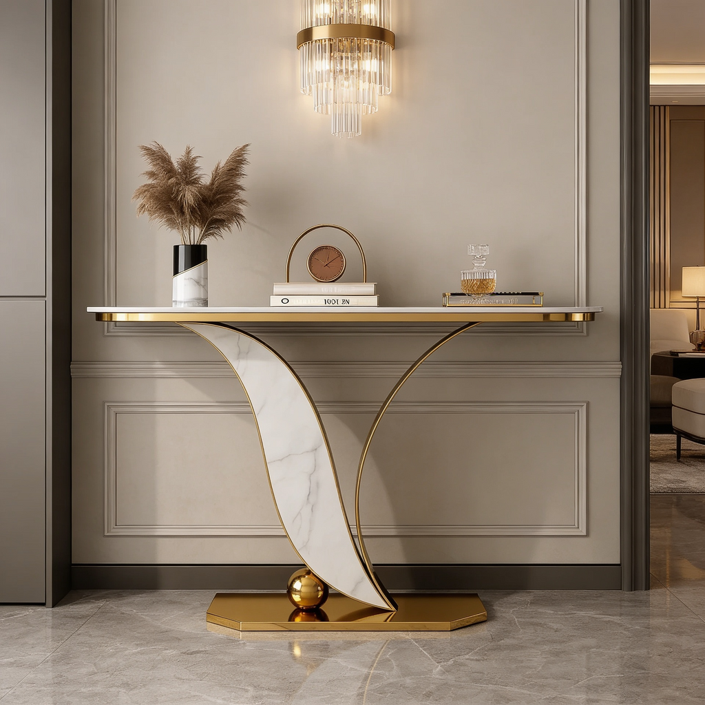 Sleek Marble Console Table with Unique Curved Gold Legs