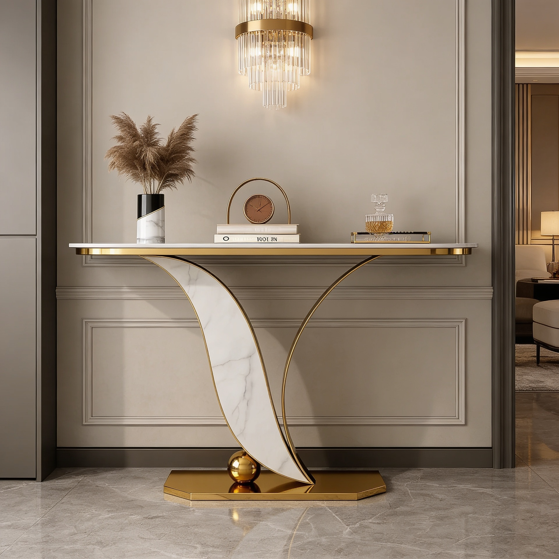 Sleek Marble Console Table with Unique Curved Gold Legs