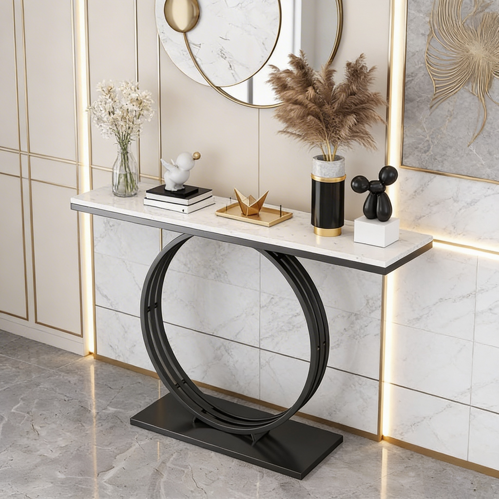 Minimalist Marble Console Table with Sleek Black Circular Base