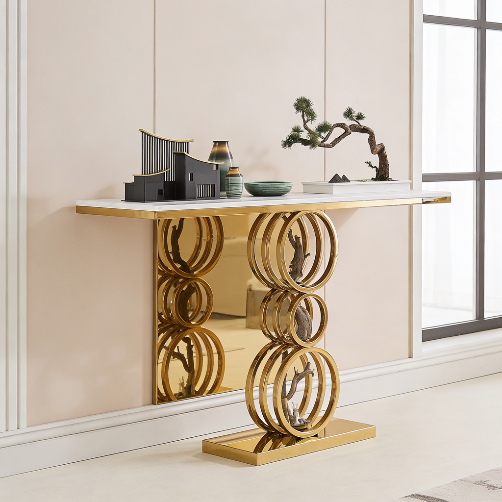 Artistic Triple Ring Gold Base Marble Console Table