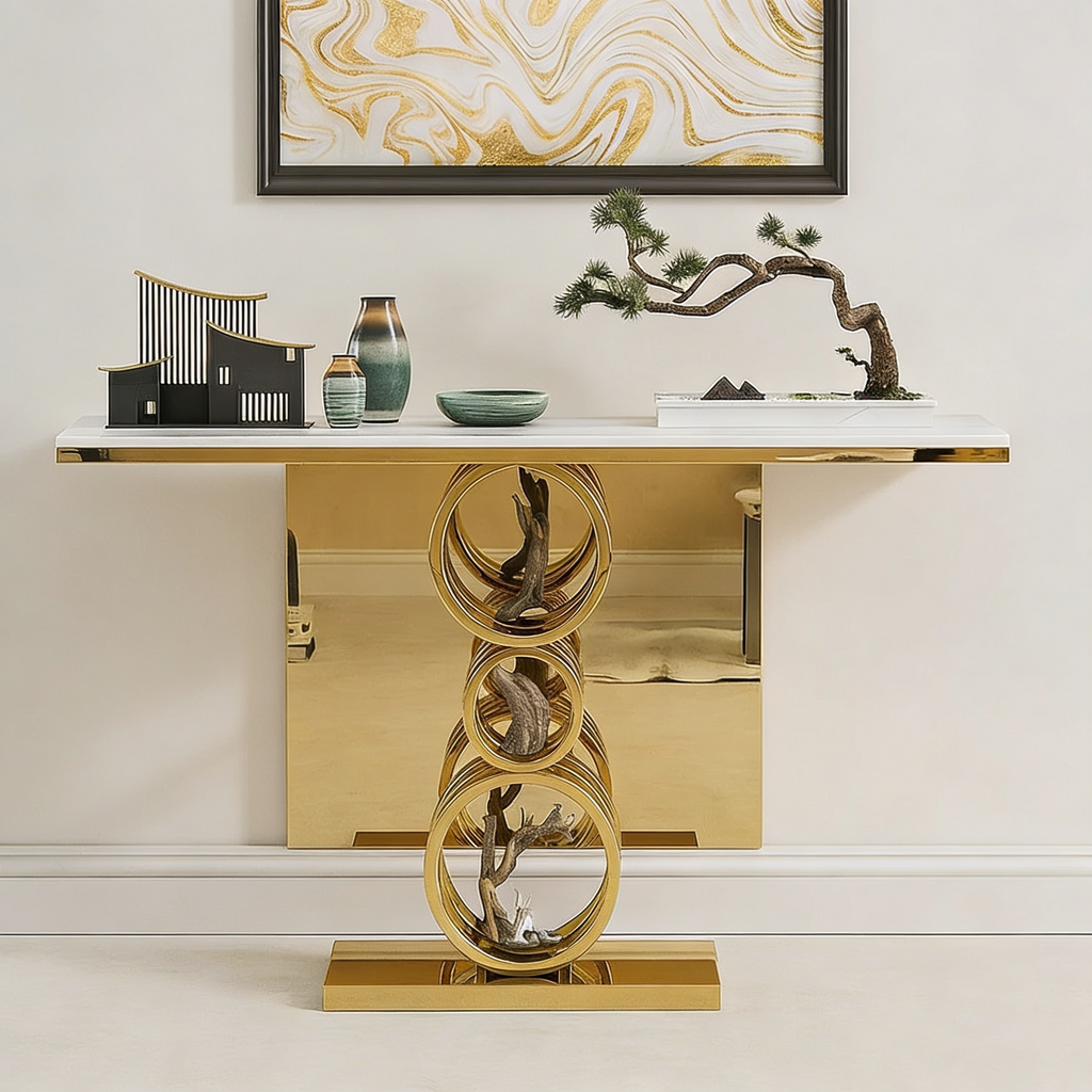 Artistic Triple Ring Gold Base Marble Console Table