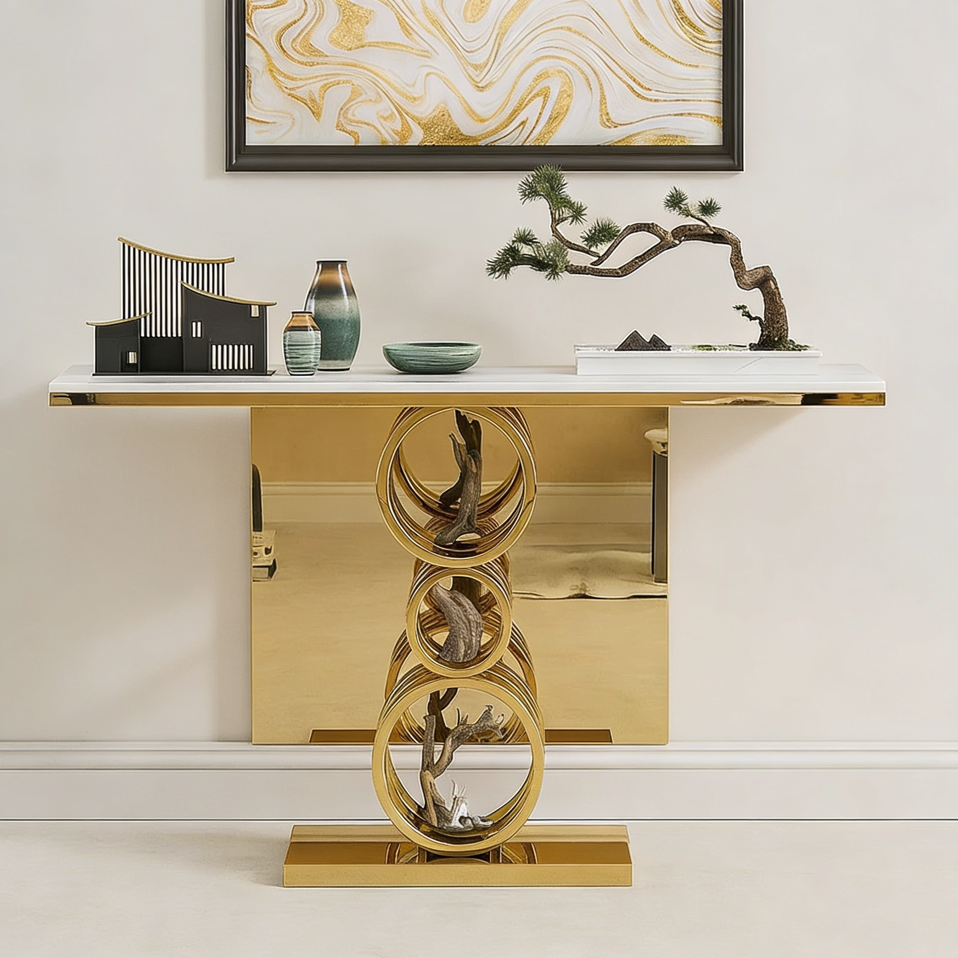Artistic Triple Ring Gold Base Marble Console Table
