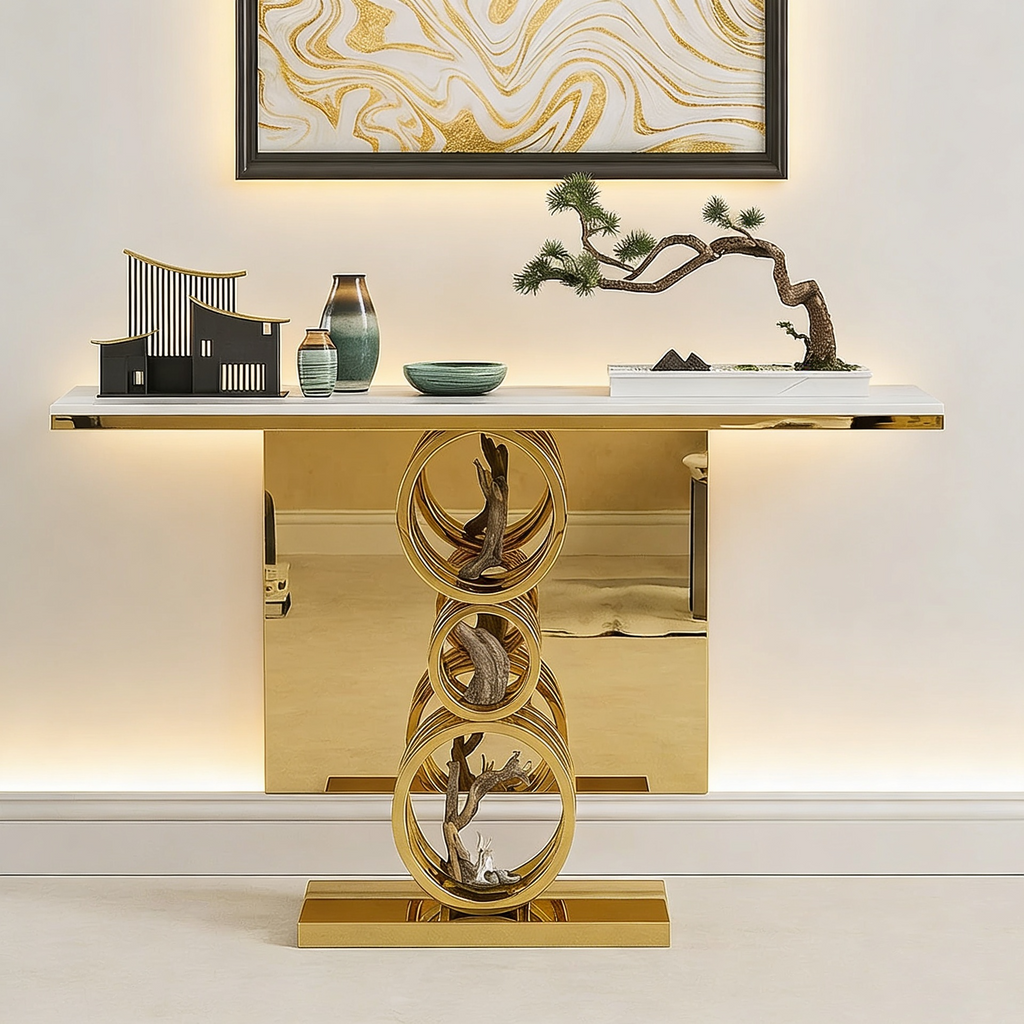 Artistic Triple Ring Gold Base Marble Console Table