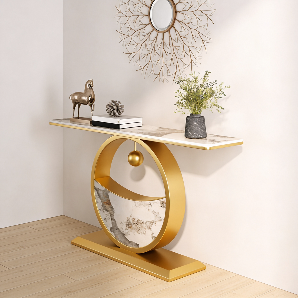 Elegant Marble Console Table with Gold Circular Base and Hanging Ball