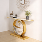 Elegant Marble Console Table with Gold Circular Base and Hanging Ball