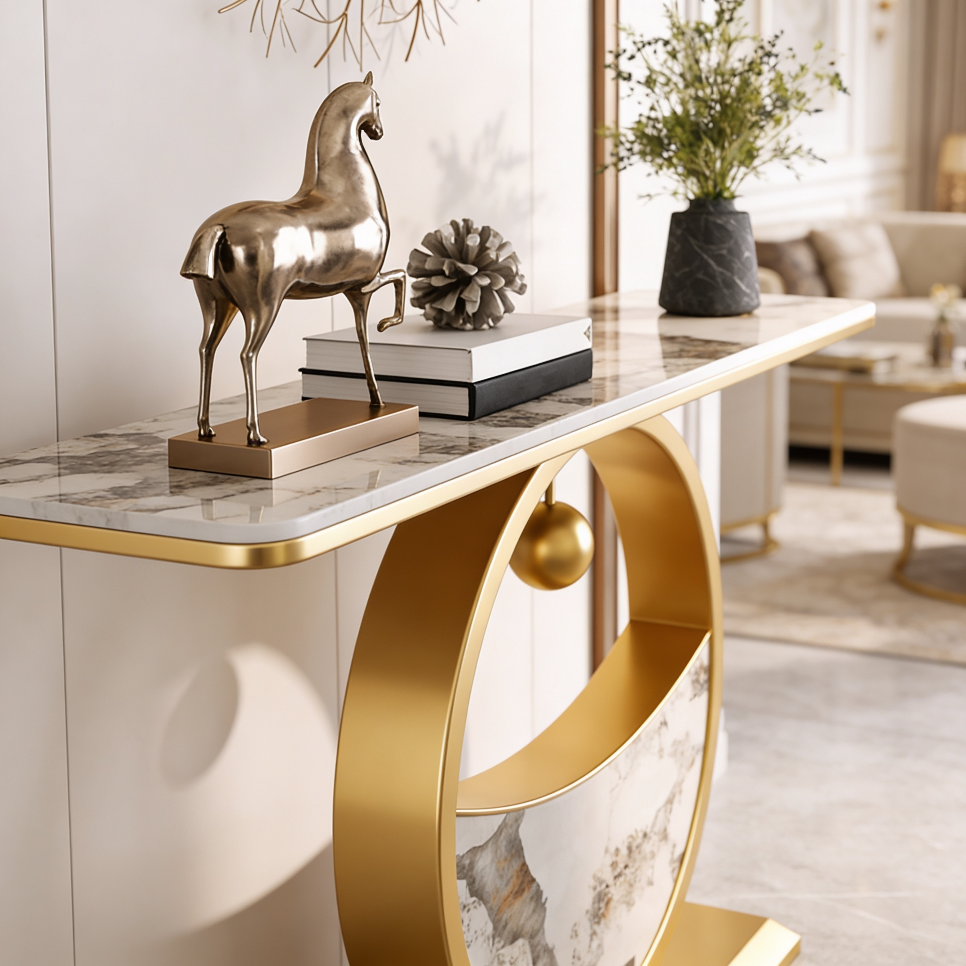 Elegant Marble Console Table with Gold Circular Base and Hanging Ball