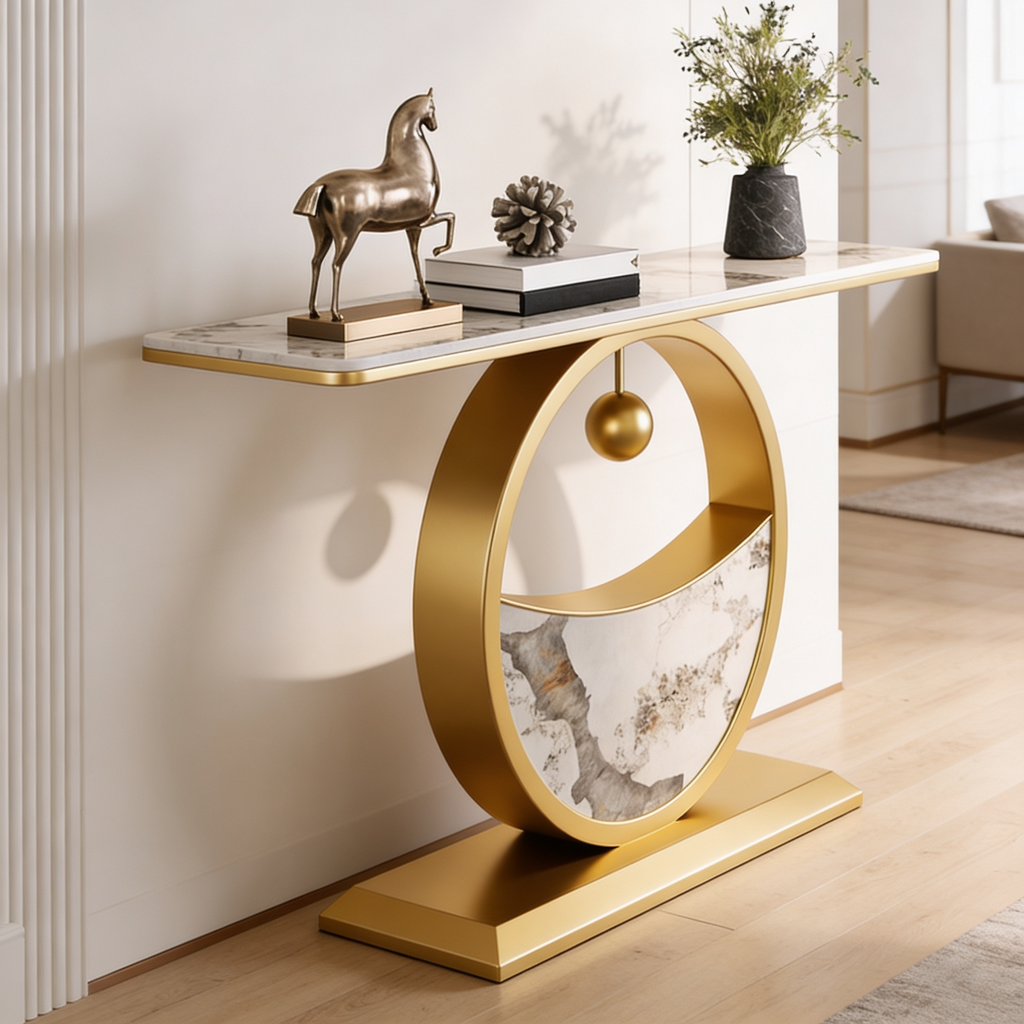 Elegant Marble Console Table with Gold Circular Base and Hanging Ball
