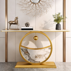 Elegant Marble Console Table with Gold Circular Base and Hanging Ball