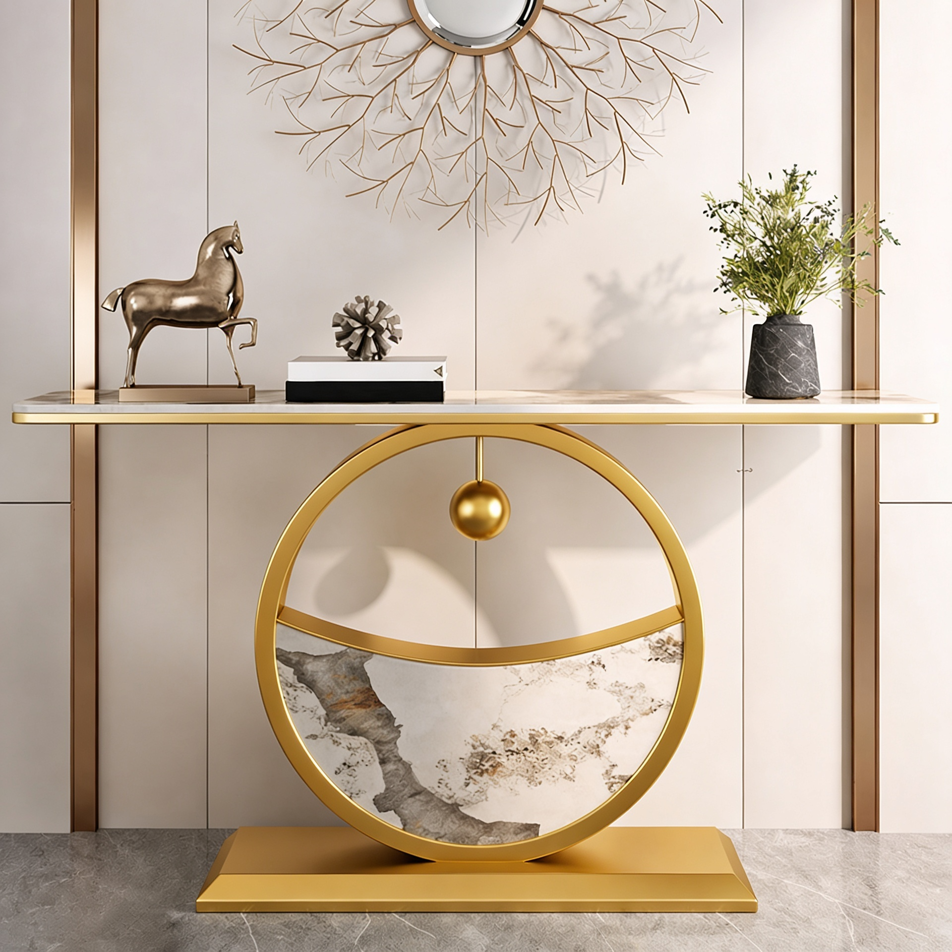 Elegant Marble Console Table with Gold Circular Base and Hanging Ball