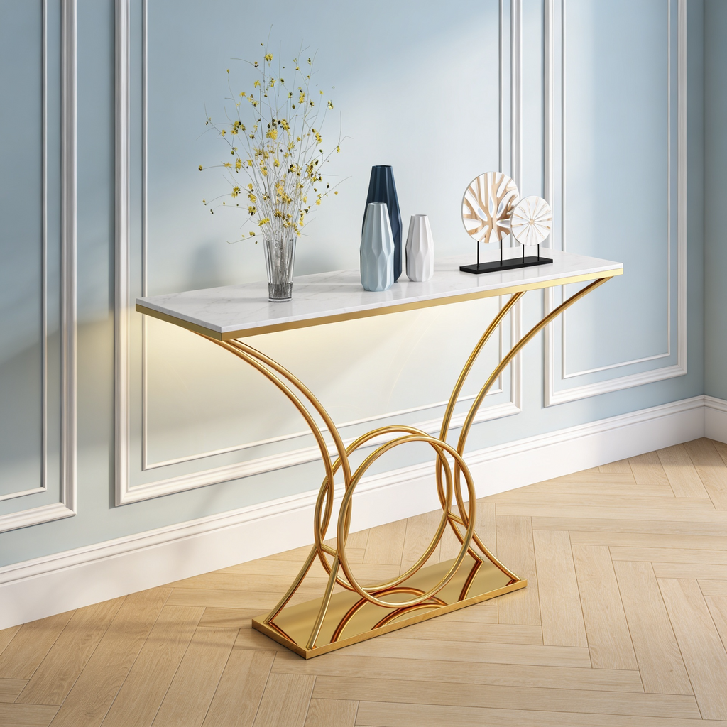 Artistic Marble Console Table with Gold Circular and Curved Frame