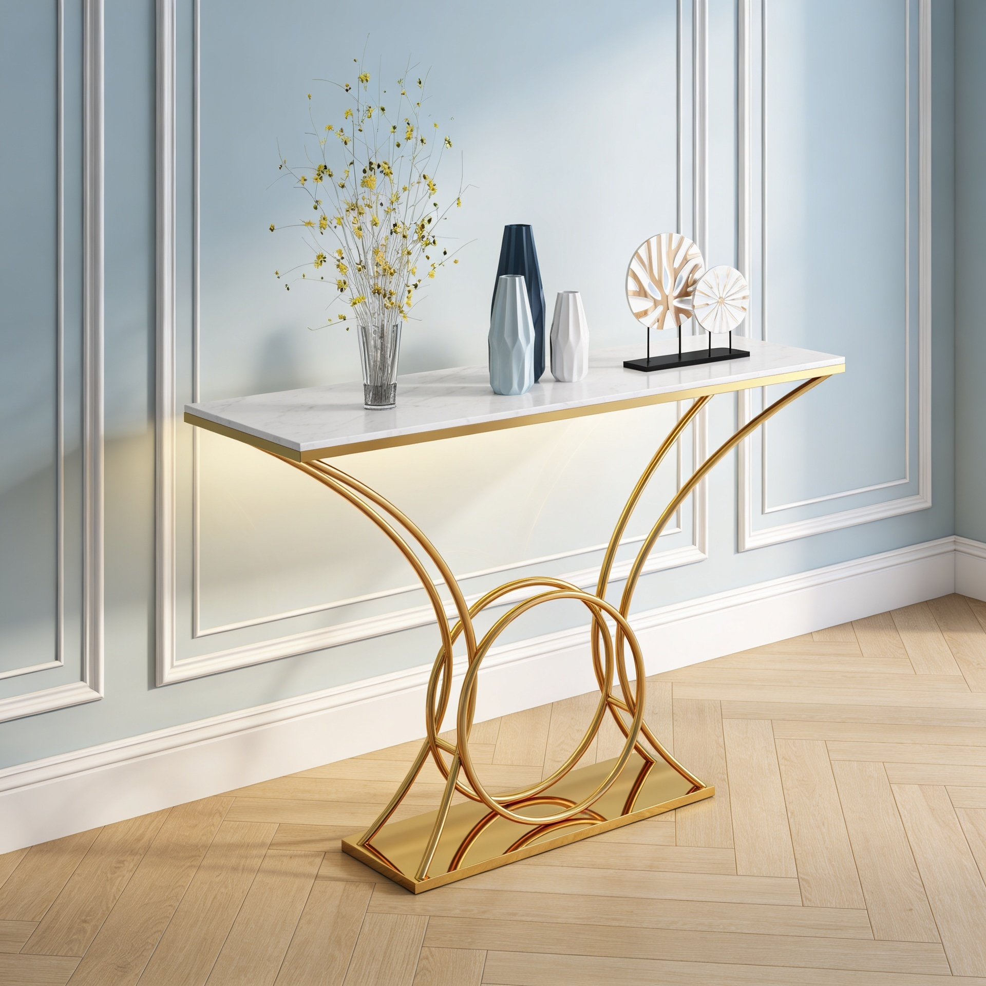 Artistic Marble Console Table with Gold Circular and Curved Frame