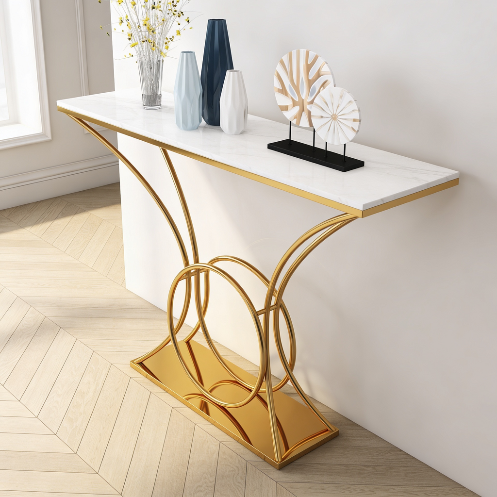 Artistic Marble Console Table with Gold Circular and Curved Frame