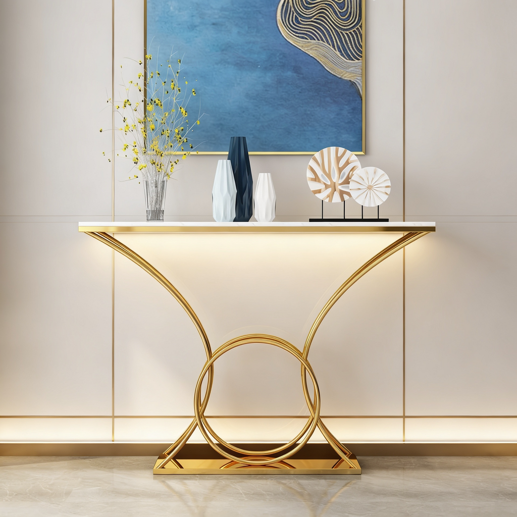 Artistic Marble Console Table with Gold Circular and Curved Frame
