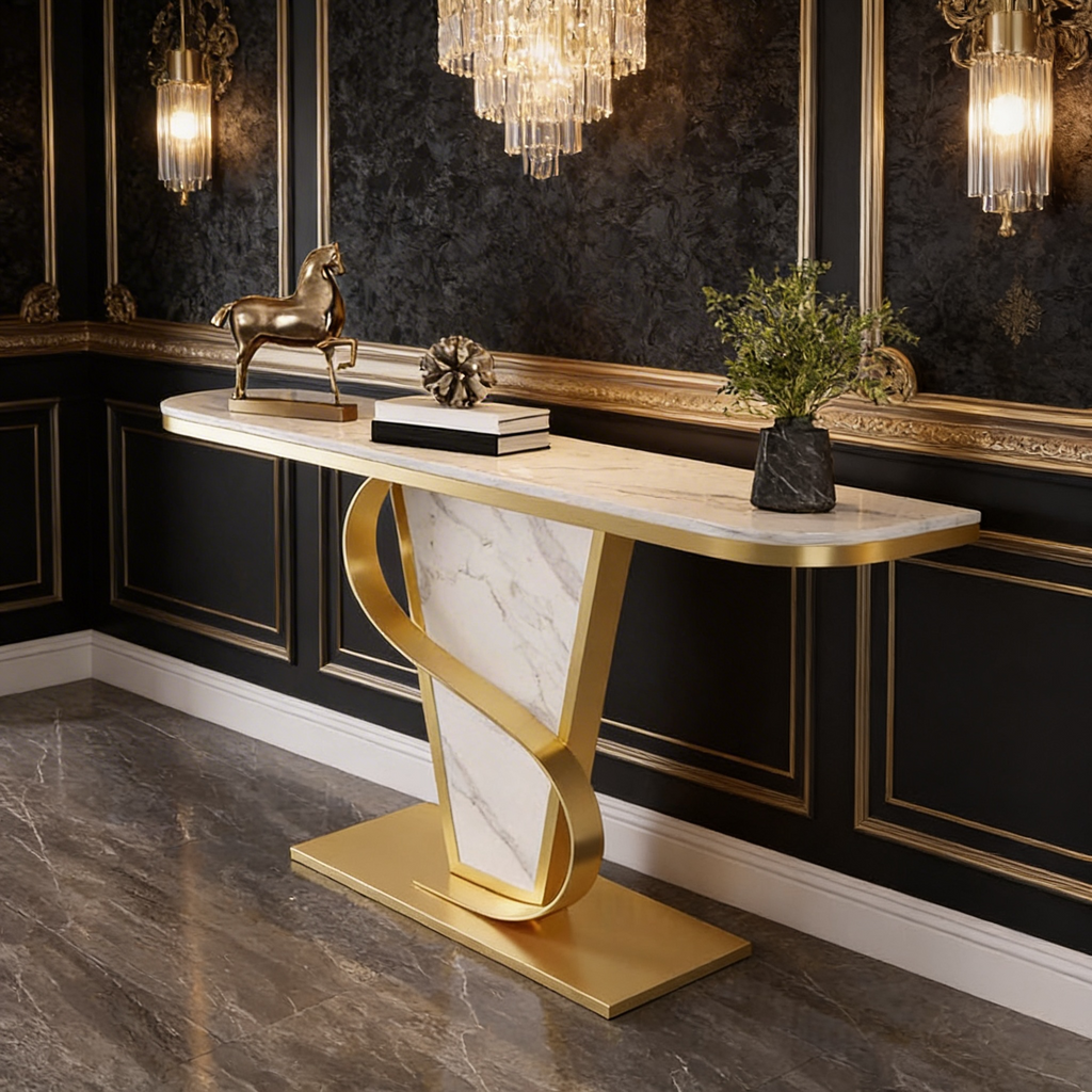 Premium Bold Marble Console Table with Artistic Twisting Gold Frame