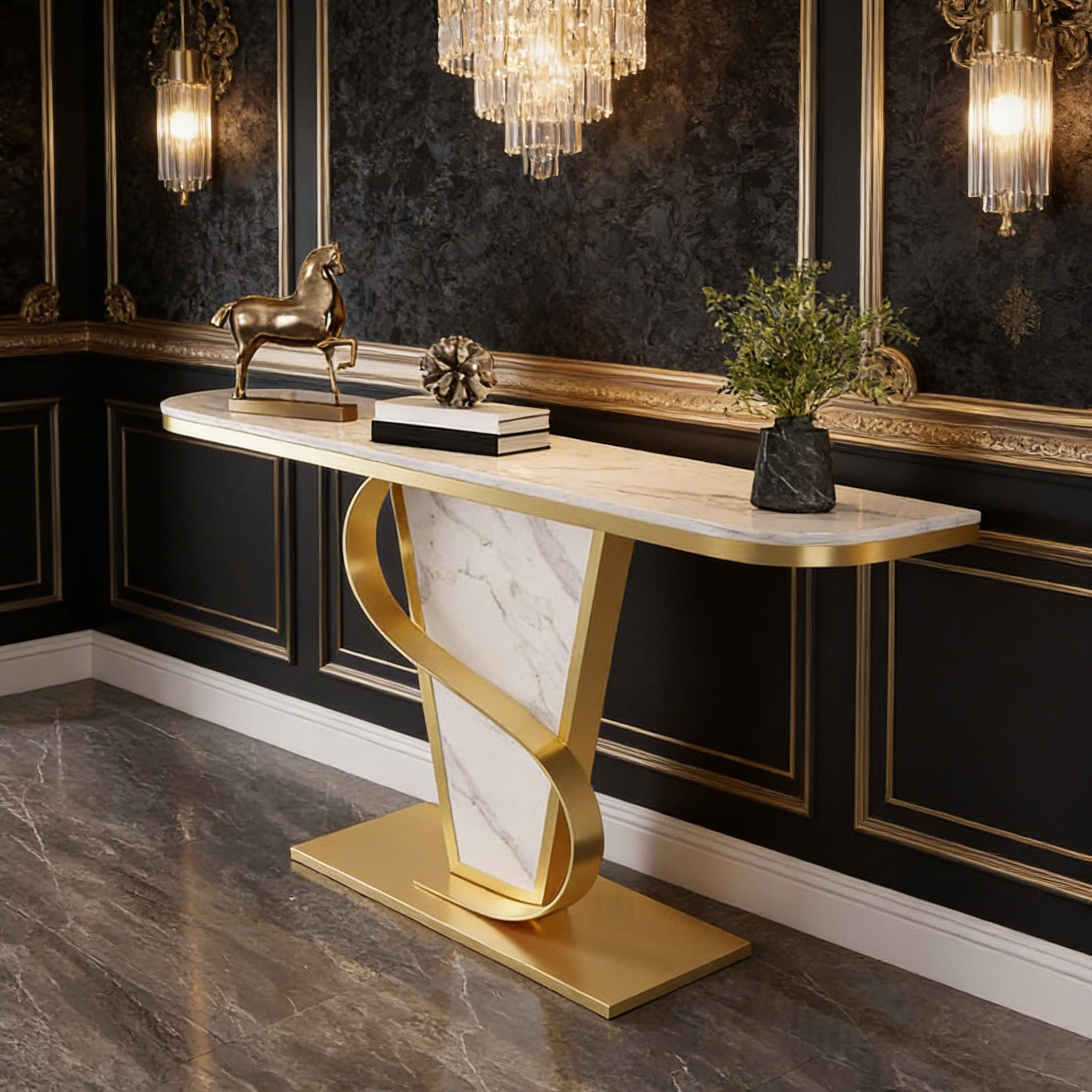 Premium Bold Marble Console Table with Artistic Twisting Gold Frame