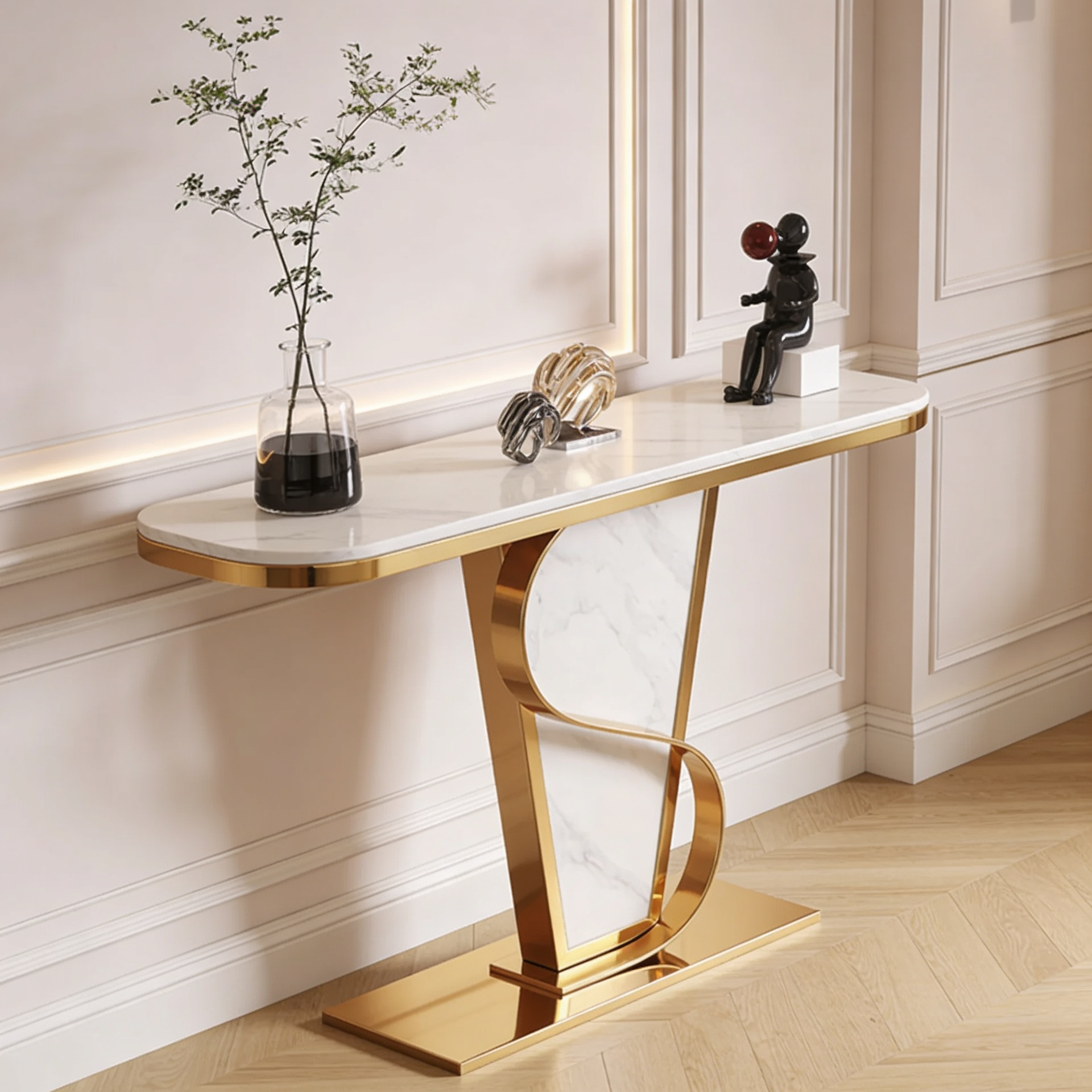 Premium Bold Marble Console Table with Artistic Twisting Gold Frame